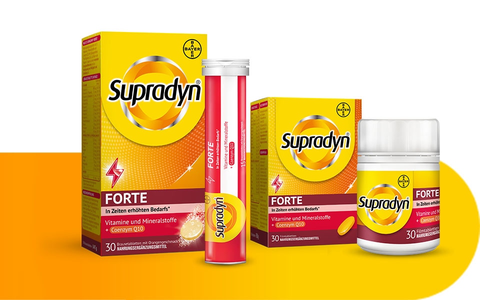 Produktabbildung von Supradyn FORTE als Brausetabletten und Filmtabletten